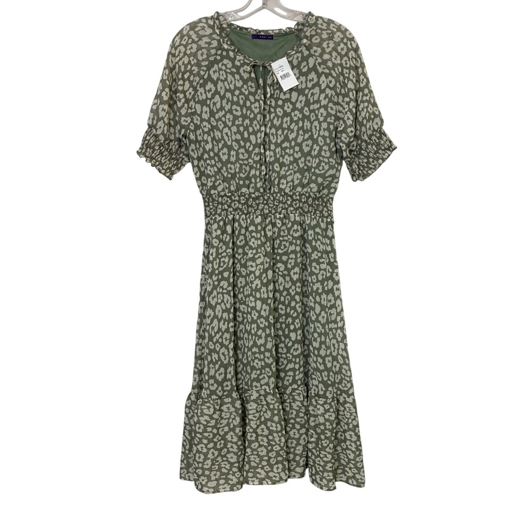 West Kei Olive Green Leopard Print‎ Smocked Midi Dress NWT Small D6625-B